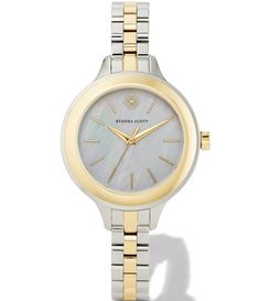 From Kendra Scott&#x2C; the Women's Alex Three Hand Two Tone Stainless Steel Narrow Bracelet Watch features:Two-tone stainless steel bracelet watch and case Ivory mother-of-pearl dial Butterfly clasp closureThree-hand movementCase size: 35mmWater resistance: 3 ATMImported. Two Toned Watch, Accessories Watches Women, Three Hands, Dillard's, Steel Bracelet, Kendra Scott, Stainless Steel Bracelet, Accessories Watches, Mother Of Pearl