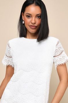 Perfect for many occasions, the Lulus Take Me to Brunch Ivory Lace Shift Dress is sure to become a staple in your wardrobe! Lively eyelash lace creates an eye-catching overlay across knit fabric through a rounded neckline, and into sheer short sleeves. Shift silhouette and scalloped hem. Hidden back zipper with clasp. Fit: This garment fits true to size. Length: Mid-thigh. Size medium measures 34.5" from shoulder to hem. Bust: Great for any cup size. Waist: Not Fitted - comfortable room througho Graduation Dresses, Sheer Shorts, Lace Shift Dress, Comfortable Room, Rounded Neckline, Scalloped Hem, Lace Patterns, Ivory Lace, Cup Size