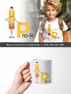 the back to school pre - k sublimation mug is being held by a child