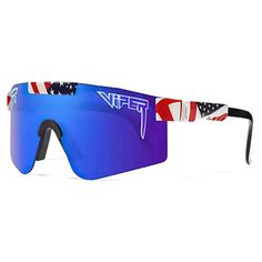 a pair of sunglasses with an american flag on the side and blue mirrored lenses