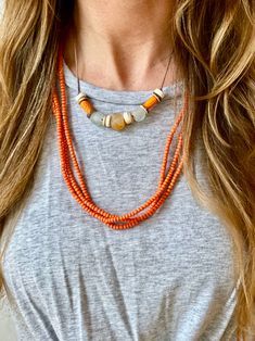 Our Layers are handmade by the women of Ghana - hand picked by Twine & Twig Set of 3.Please reference secondary images for the approximate length of necklace. Twine And Twig, The Necklace, Hand Picked, Ghana, Twine, Beaded Necklace, Orange