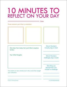 the 10 minutes to reflect on your day poster is shown in pink, blue and green