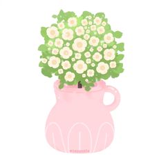 a pink vase filled with lots of white flowers on top of a green planter