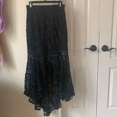 New With Tags Black Lace High Low Skirt In Medium Spring Black Lace Maxi Skirt, Black Lace Maxi Skirt For Spring, Black Lace Maxi Skirt For Party, Black Lace Skirted Bottoms, Black Lace Skirt For Night Out, Black Lace Long Skirt, Beaded Skirt, High Low Skirt, Burgundy Lace