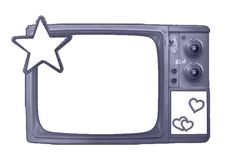 an old fashioned television with a star on the side and hearts drawn on the front