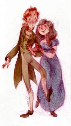 a drawing of two people dressed in costumes