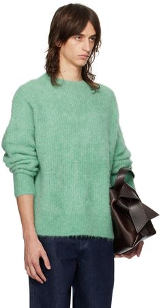 Brushed stretch knit alpaca wool- and nylon-blend sweater. · Rib knit collar, hem, and cuffs · Dropped shoulders Supplier color: Verde Latest Sweater, Jacquard Sweater, Knit Alpaca, Mens Green, Alpaca Wool, Green Sweater, Knit Collar, Wool Sweaters, Grey Sweater