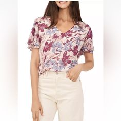 Vince Camuto Floral Print V-Neck Blouse In Sea Breeze, Size Small Vince Camuto Floral Blouse Size S, V-Neck Chiffon Cap Ruffle Sleeve New With Partial Tag From Nordstrom Last Chance As Shown Feminine V-neck Printed Blouse, Floral Print V-neck Tops For Work, Chic Floral Print V-neck Top, Elegant Floral Print V-neck Top, Elegant V-neck Floral Print Tops, Feminine Purple Top With Floral Print, Elegant Floral Print Top With Split Neck, Elegant Floral Print Split Neck Top, Feminine Floral Print Top With Split Neck