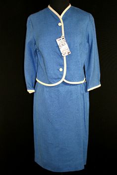 RARE EARLY 1960'S DEADSTOCK "NEW OLD" NEVER WORN BLUE AND BEIGE LINEN LIKE  RAYON THREE PIECE SUIT DRESS DONNKENNY LABEL ORIGINAL HANG TAG  EXCELLENT LIKE NEW CONDITION SIZE 6 TOP 38 INCH BUST 18 INCH LENGTH JACKET 40 INCH BUST 20 INCH LENGTH 15 INCHES SHOULDER TO SHOULDER SEAMS SKIRT 26 INCH WAIST 26 INCH LENGTH CODE 0126   FIREFLY FIREFLY Firefly Vintage Clothing . Vintage Blue Skirt Suit For Formal Occasions, Vintage Fitted Blue Suits, Blue Fitted Vintage Suit, Fitted Vintage Blue Suits, Fitted Vintage Blue Set, Blue Fitted Vintage Set, Vintage Blue Long Sleeve Sets, Retro Fitted Blue Sets, Retro Blue Fitted Sets