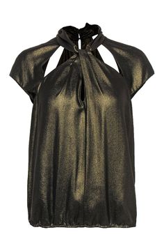 Current Boutique-BCBG Max Azria - Gold Cap Sleeve Top w/ Cutouts Sz M Chic Shiny Summer Tops, Glamorous Evening Tops With Sheen, Glamorous Sheen Tops For Evening, Chic Metallic Tops For Party Season, Metallic Shiny Chic Tops, Chic Metallic Shiny Tops, Chic Fitted Shiny Tops, Fitted Shiny Chic Tops, Chic Shimmer Stretch Tops