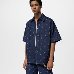 LOUIS VUITTON® - Embroidered Signature Short-sleeved Denim Shirt - Indigo Effortless Workwear, Short Sleeve Denim Shirt, Louis Vuitton Official Website, Deep Indigo, Leather Denim, Gold Thread, Raw Denim, Knitwear Tops, Pant Shirt