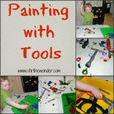 a collage of photos with the words painting with tools in red and black letters