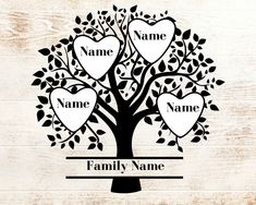 a family tree with three hearts on it and the words name, name and number