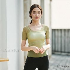 Lasaky - Adult Short Sleeve Mesh Top: Modern Yoga Activewear Fitted T-shirt For Gym In Spring, Spring Fitted T-shirt For Gym, Spring Yoga Compression Top, Khaki Crew Neck Top For Sports, Green Compression Athleisure Top, Green Sportswear Tops For Yoga, Versatile Green Tops For Workout, Green Workout Tops, Sporty Khaki Tops