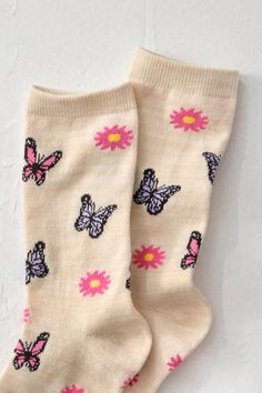 Whimsical critters and wildflowers give your style a fun spring kick – or make a great gift. | Women's Spring Motif Socks - Ivory Socks Aesthetic, Silly Socks, Aesthetic Gift, Cute Socks, Happy Socks, French Blue, Dream Wardrobe, Socks Women, Polyester Spandex