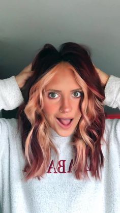 Red And Colored Hair, Natural Fun Hair Color, Fall Red Hair With Money Piece, Red All Over Color Hair, Funky Balayage Hair, Kelsie Wieland Hair, Hair Ideas With Money Pieces, Red Hair With Color Underneath, Plus Size Hair Color