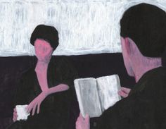 a painting of two people sitting on a couch, one holding a book and the other reading