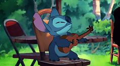 an animated image of stitch playing the guitar in front of a chair and table with chairs behind it