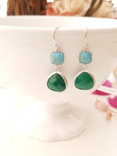 Green Onyx earrings, Blue Turquoise Earrings, Wedding Jewelry, Bridesmaid Gift Hypoallergenic Green Jewelry For Weddings, Turquoise Drop Earrings For Wedding, Hypoallergenic Turquoise Jewelry For Anniversary, Turquoise Jewelry With Ear Wire For Wedding, Blue Emerald Gemstone Earrings, Turquoise Wedding Jewelry With Ear Wire, Elegant Turquoise Nickel-free Jewelry, Formal Turquoise Birthstone Jewelry, Turquoise Jewelry With Matching Earrings For Anniversary