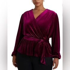 Peplum Silhouette. Surplice Neckline With A Hook-And-Eye Closure At The Front. Long Blouson Sleeves With Elasticized Cuffs. Shirring Into The Cuffs. Threaded Belt Loops. Comes With A Removable Self-Belt. Elasticized Waist. 92% Polyester, 8% Elastane. Dry Clean. Imported. Fall Elegant V-neck Peplum Top, Elegant Fall V-neck Peplum Top, Elegant V-neck Peplum Top For Fall, Ralph Lauren Shirt Women, Brown Long Sleeve Shirt, Peplum Designs, Cotton Tunic Tops, Silk Sleeveless Top, Feminine Top