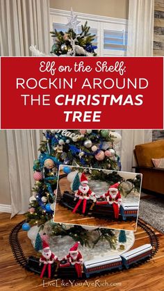 My kids loved this Rockin' fun Elf on the Shelf scene. Our elves were sitting on the train that goes around our Christmas Tree and they were rockin’ around the Christmas Tree with a mini record player that actually plays Christmas music!