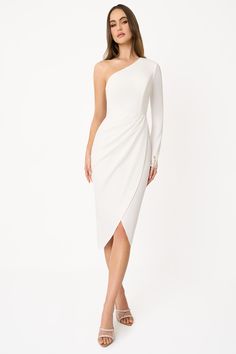 Our Kensie One Shoulder Dress, cut from a form-fitting stretch crepe fabric is the perfect Day-to-Night style. The overlapping pleated skirt and elegant handbeaded cuff detail will make a statement at any event. Wear it to your next formal lunch, night out or wedding reception. One-shoulder Fitted Pleated Evening Dress, Elegant Stretch Midi Dress For Dinner, Elegant Long Sleeve Evening Dress With Draped Sleeves, Elegant Stretch Midi Dress For Wedding, Fitted Evening Dress With Draped Sleeves And Asymmetrical Neckline, Fitted Long Sleeve Ruched Asymmetrical Dress, Fitted Asymmetrical Long Sleeve Dress For Evening, Elegant Pleated Long Sleeve Evening Dress, Elegant Evening Dress With Pleated Sleeves