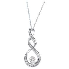 Bring charm to your look with this diamond pendant. The pendant is crafted from 14-karat white gold and features round single cut 39 white diamonds in prong & pave set, H-I color I2 clarity and a high polish finish complete the brilliant sophistication of this head-turning pendant necklace. The total diamond weight 0.10 Carat and this Pendant suspends along with an chain. Diamond White Infinity Necklace, Diamond White Infinity Necklace With Diamond Accents, Infinity Shaped Diamond Jewelry With Accents, Infinity Shaped Jewelry With Diamond Accents, Diamond Pendant Necklace With Pave Setting For Anniversary, Pendant Diamond Necklace With Pave Setting For Anniversary, Elegant Diamond Pendant Necklace With Pave Setting For Anniversary, Elegant Pendant Diamond Necklace With Pave Setting For Anniversary, Elegant Pendant Diamond Necklace For Anniversary