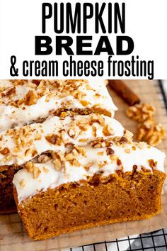 pumpkin bread and cream cheese frosting on a cooling rack