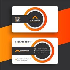 two business cards with an orange and black stripe on the bottom one has a logo for brand name michael johns