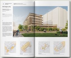 an open book with images of people walking and biking in front of a large building