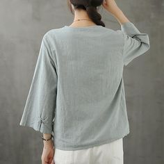 Organic light blue shirts v neck Chinese Button Knee blouse

 Materials used: cotton  linen

Measurement:One size fits all for this item. Please make sure your size doesn't exceed this size: XL/US16-18/EUR44   
   
length 59cm / 23.01"
bust 108cm / 42.12"
Shoulder 42cm / 16.38"
Sleeve length 43cm / 16.77"
Cuff 46cm / 17.94"



We ship worldwide.

Tracking numbers provided for all orders. Cotton V-neck Solid Color Blouse, Cotton V-neck Blouse In Solid Color, Cotton V-neck Shirt In Solid Color, Casual V-neck Plain Blouse, Blue Cotton V-neck Shirt, Light Blue Casual V-neck Shirt, Summer V-neck Gray Blouse, Casual Light Blue V-neck Shirt, Cotton Blouse With Relaxed Fit In Solid Color