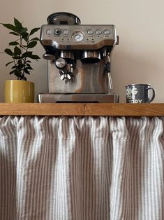 a coffee maker sitting on top of a counter next to a potted plant