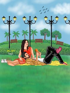 a woman laying on top of a man in the grass next to lampposts