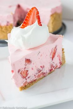 a slice of strawberry cream pie on a plate