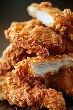 fried chicken is piled on top of each other