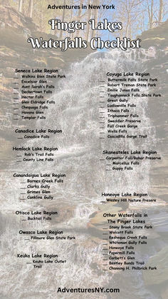 checklist of the waterfalls in the Finger Lake Region Finger Lakes New York, Finger Lakes Things To Do, Skaneateles Lake, Ny Travel, Canandaigua Lake, Yellowstone Vacation, Adventure Trips