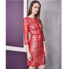 Perfect For So Many Occasions- U.K. 10/ Us 6 Red Fitted Knee-length Lace Dress, Red Sheath Dress For Evening, Red Knee-length Lace Dress For Formal Occasions, Red Sheath Mini Dress For Cocktail, Red Sheath Dinner Dress, Red Sheath Dress For Dinner, Elegant Red Lace Cocktail Dress, Fitted Red Lace Dress Elegant Style, Fitted Red Lace Dress For Evening