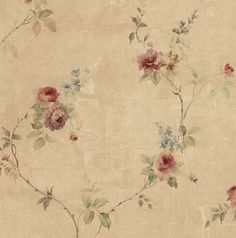 an old wallpaper with pink flowers and green leaves on the bottom half of it