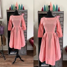 "<> 1960's dress <> Nylon zipper back  <> Color: dusty rose/mauve <> Material has a light sheen to it  <> Semi sheer <> 3/4 length sleeves <> Label: n/a, looks homemade  <> Condition: Excellent with light to normal wear, no flaws to note Measurements: Length: 40.5\" Bust: 32\"-34\" MAX  Waist: 24\" Hips: free Shoulder to waist: 15\" Sleeves: 17\"" 1960s Prom Dress, Rose Cocktail Dress, 1960s Prom, 1960s Shift Dress, Rose Cocktail, 1950s Dresses, Shabby Chic Fabric, Nylon Dress, Dusty Rose Dress