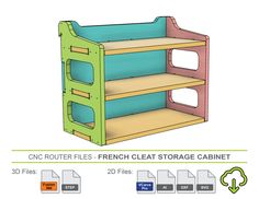 Fusion 360 3d model of a french cleat storage shelving unit cut from plywood on a cnc router machine with vectric vcarve pro crv files and dxf svg files for storing workshop supplies and tools on a french cleat storage wall in an organized work space Cleat Shelves, Organize Containers, Cleat Storage, French Cleat Wall, French Cleat Storage, Cleat Wall, French Cleats, Cnc Router Projects, Wall Storage Cabinets