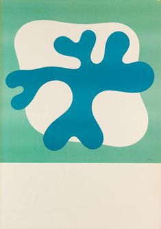 an abstract painting with blue and white shapes on a green background in the shape of a flower