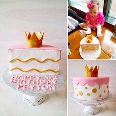 a collage of photos with a baby in a pink dress sitting on top of a birthday cake