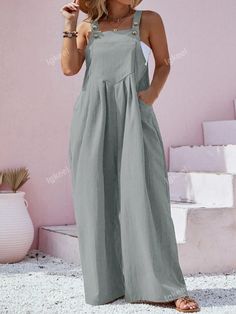 Waist Line:Natural \nDetails:Button \nStyle:Casual \nDetails:Pocket \nNeckline:Straps \nColor:Light Grey \nPattern Type:Plain \nType:Overall \nSleeve Length:Sleeveless \nLength:Long \nFit Type:Regular Fit \nFabric:Non-Stretch \nMaterial:Woven Fabric \nComposition:95% Polyester \nComposition:5% Elastane \nCare Instructions:Machine wash or professional dry clean \nPockets:Yes \nBody:Unlined \nSheer:No \n Overall Jumpsuit, Plus Size Jumpsuit, Woven Fabric, Light Grey, Overalls, Dry Clean, Jumpsuit, Plus Size, Free Shipping