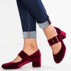 These Burgundy Velvet Block Heels Round Toe Buckle Mary Jane Pumps are a fusion of style and comfort. Crafted with high-quality velvet and designed with a block heel and classic Mary Jane buckle, these shoes offer sophistication and versatility for various occasions. Handcrafted US sizing. Fits true to size. Heel Height: 2" / 50 mm approx Product measurements were taken using size 8. Please note that measurements may vary by size. Material: Constructed with luxurious burgundy velvet, providing a sophisticated and plush texture. Block Heel: Offers stability and comfort, ensuring easy and elegant wear for extended periods. Round Toe: Provides ample room and comfort for toes, suitable for various foot shapes. Buckle Mary Jane Style: Features an adjustable buckle strap for a secure fit and cla Mary Janes Aesthetic, Velvet Block Heels, Mary Jane Pumps, Salvatore Ferragamo Flats, Handmade Shoes, Mary Janes, Heeled Mules, Mule Shoe, Block Heels