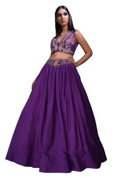 Purple silk padded blouse with zari embroidered floral motifs. Comes with placement embroidered lehenga and dupatta. - Aza Fashions Formal Art Silk Lehenga With Zari Work, Formal Art Silk Lehenga With Resham Embroidery, Formal Lehenga With Resham Embroidery In Art Silk, Formal Art Silk Choli With Zari Work, Bollywood Style Formal Art Silk Lehenga, Formal Art Silk Choli With Cutdana, Formal Art Silk Lehenga With Cutdana Detailing, Formal Art Silk Lehenga With Cutdana, V-neck Lehenga With Resham Embroidery For Diwali