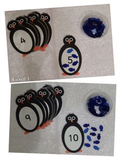 two pictures of penguins with numbers on them