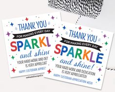 two thank you cards with the words spark and shine written in rainbow colors on them