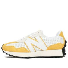 New Balance 327 'Primary Pack - Yellow' is a sneaker that features a two-tone palette of white perforated leather and yellow pigskin suede that is sure to turn heads. The oversized 'N' on the lateral side panel is a nod to the shoe's '70s roots. The EVA midsole provides lightweight cushioning, while the studded rubber outsole ensures durability and traction. (SNKR/Unisex) New Balance Sneakers With Perforations For Light Sports, New Balance Sneakers For Light Sports With Perforations, Sporty Yellow Sneakers With Textured Sole, Yellow Mesh Sneakers With Round Toe, New Balance White Running Shoes With Textured Sole, New Balance Leather Running Shoes With Textured Sole, New Balance White Sneakers With Textured Sole, White New Balance Running Shoes With Perforations, White New Balance Sneakers With Textured Sole