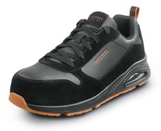 a black sneaker with orange accents and laces on the outstep is shown