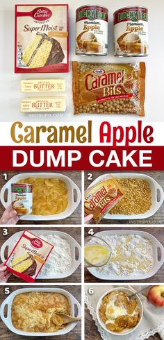 the steps to make caramel apple dump cake are shown in this collage with instructions